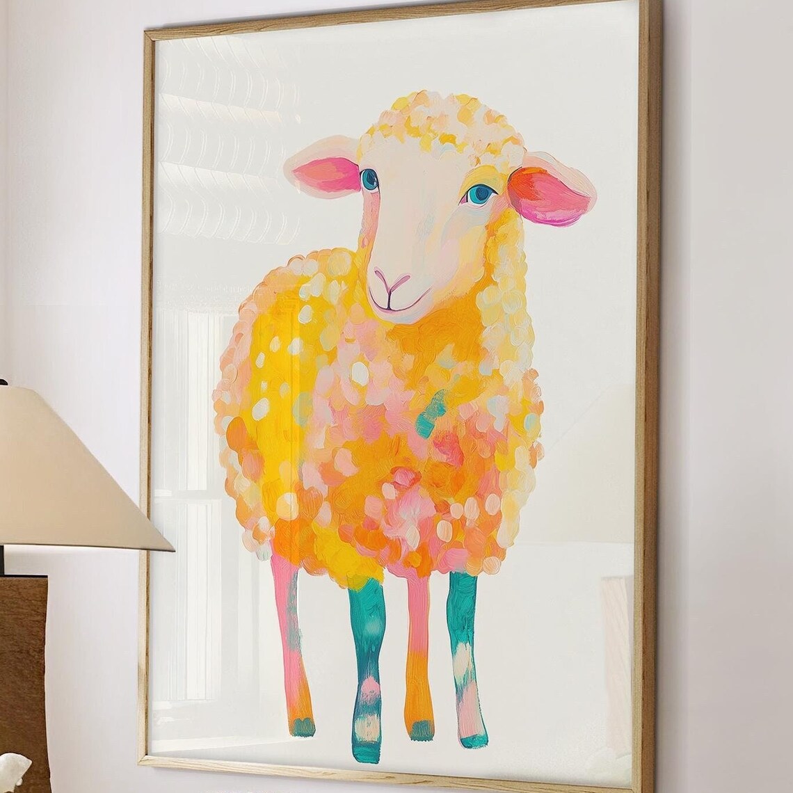 Cheerful Yellow Sheep Painting with Teal Legs Nursery Art Poster - Image 4