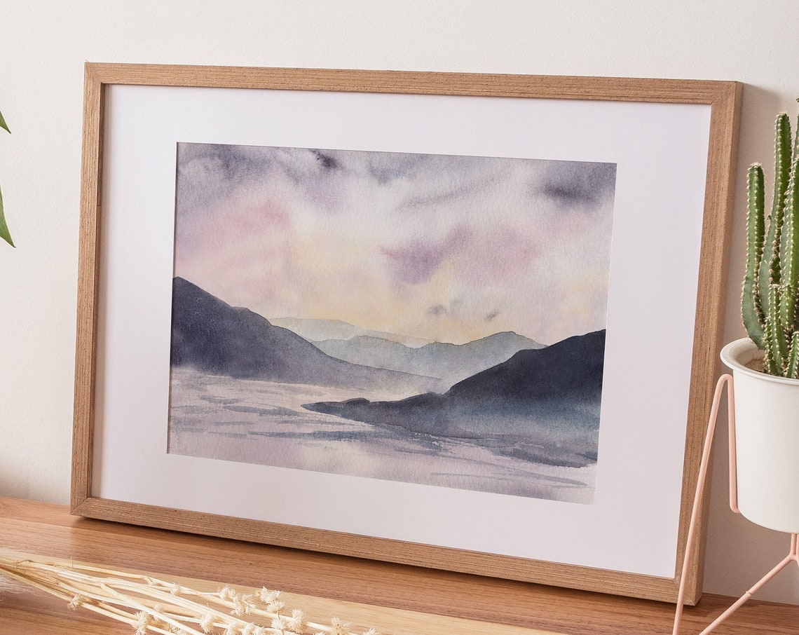 Moody Landscape Painting Print Purple Toned Lake And Mountains Art Print Nature Wall Art - Image 3