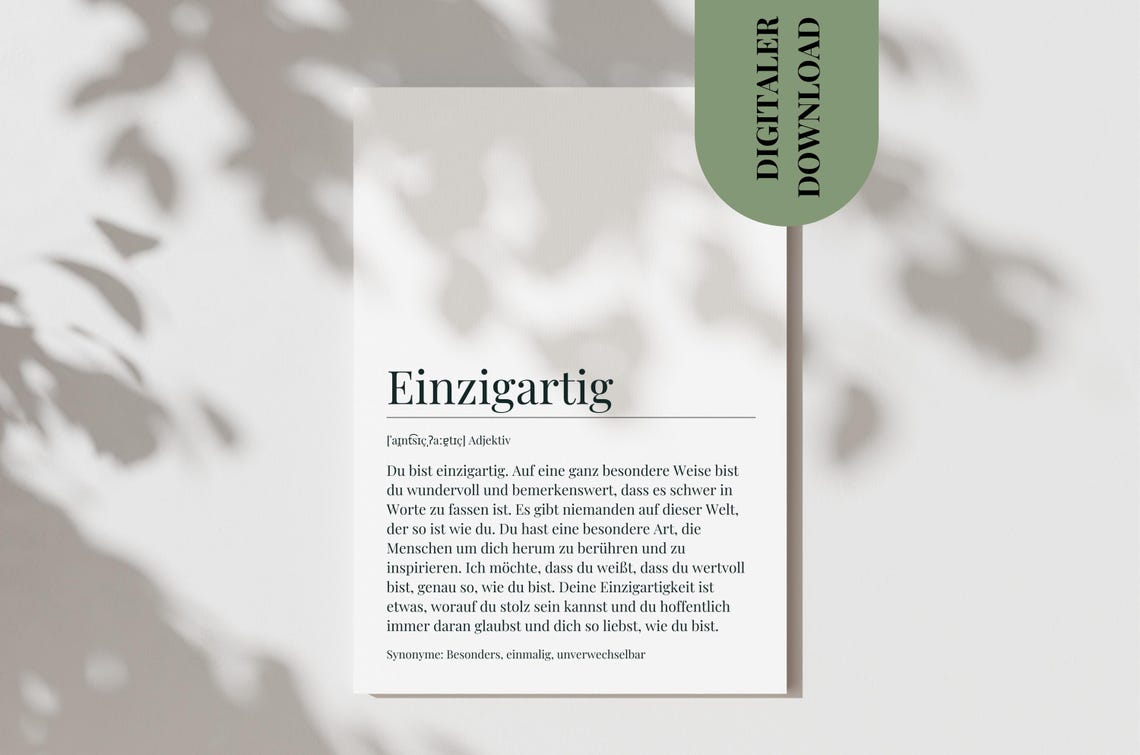 Einzigartig German Dictionary Definition Unique Self Worth Poster