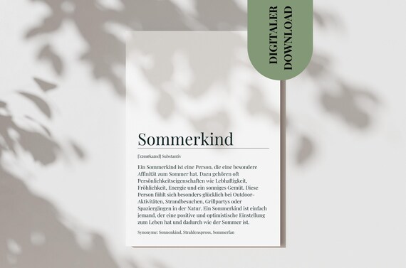Sommerkind Definition German Dictionary Summer Child Gift Poster