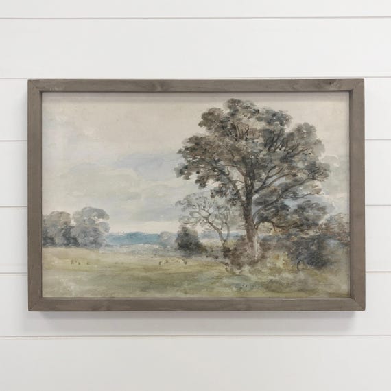 Tall Oak Watercolor Tree Canvas Wall Art Wood Framed Wooden Sign