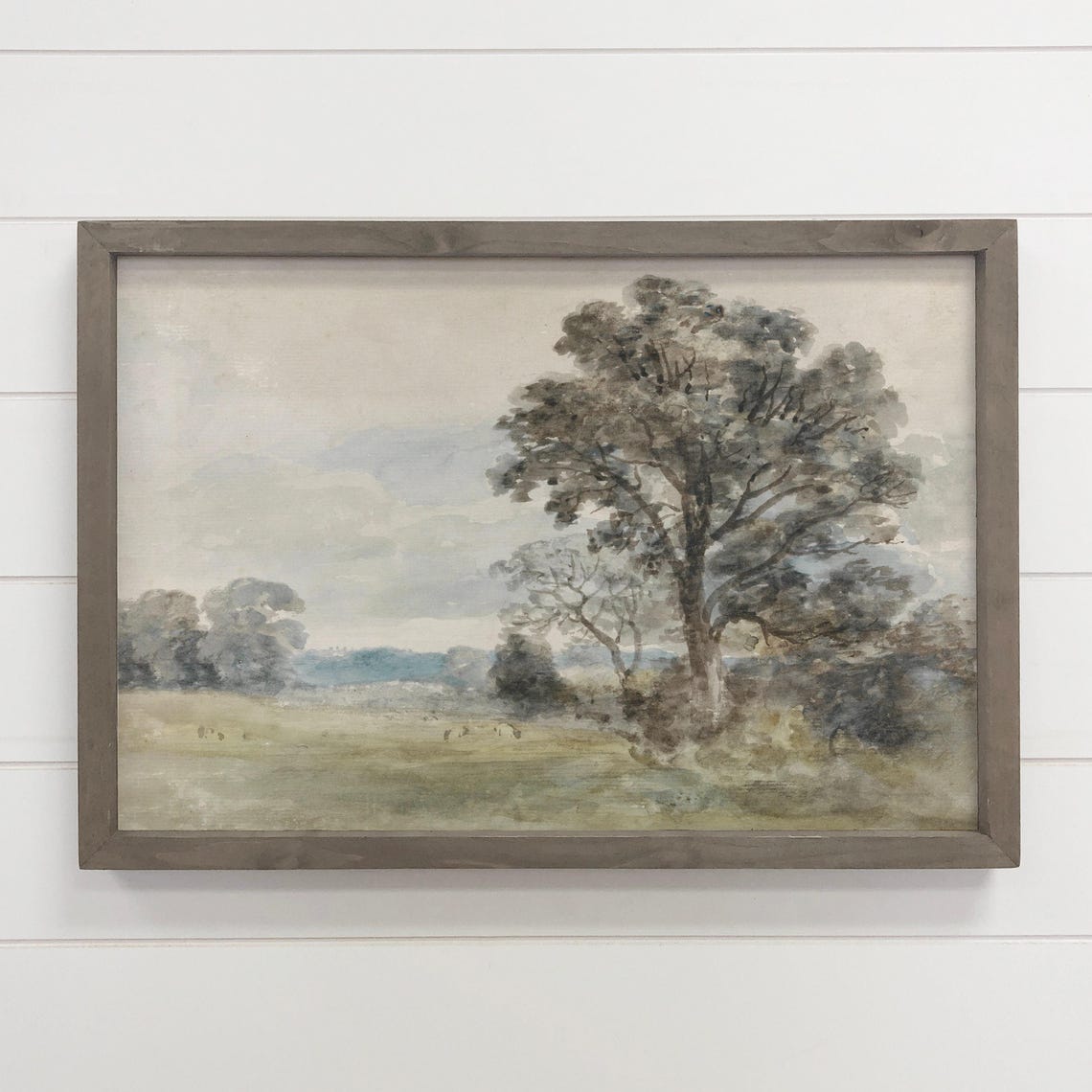 Tall Oak Tree Muted Watercolor Serene Field Landscape Art Poster