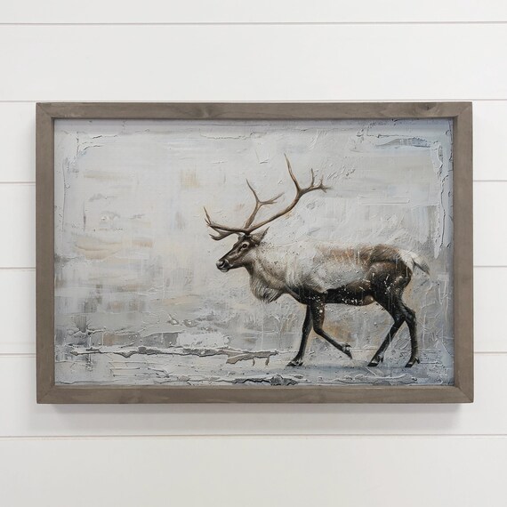 White Reindeer Walking Through Snowy Winter Landscape Art Poster