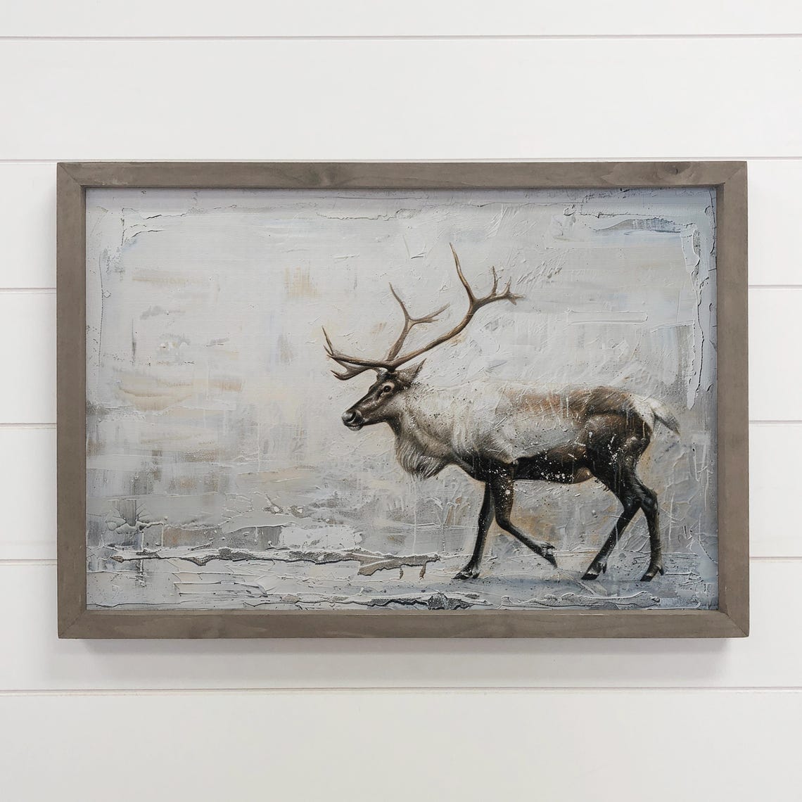 White Reindeer Walking Through Snowy Winter Landscape Art Poster