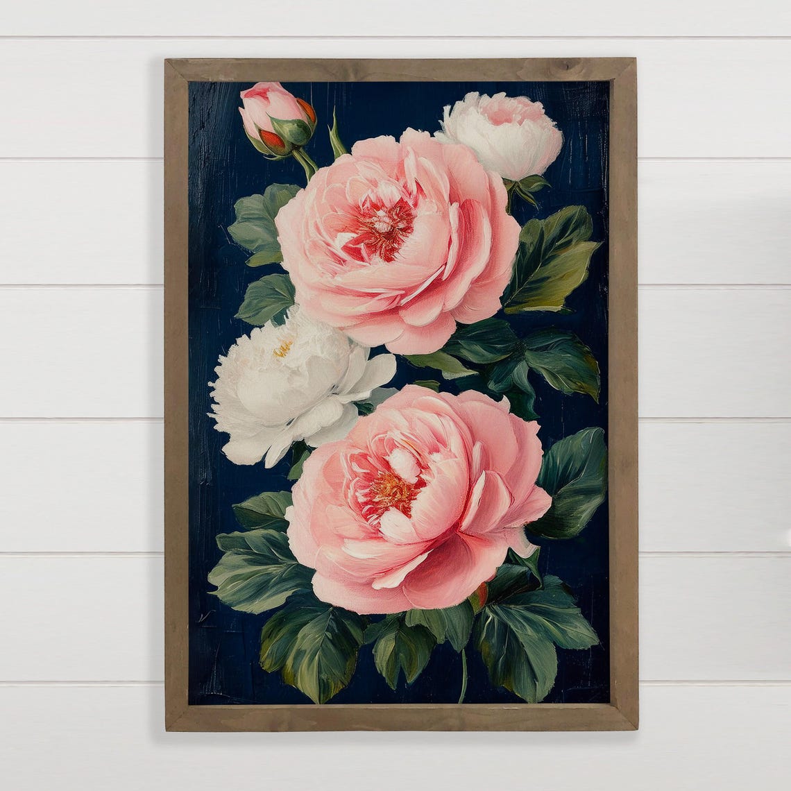 Pink White Roses Navy Floral Oil Painting Poster Vintage Botanical