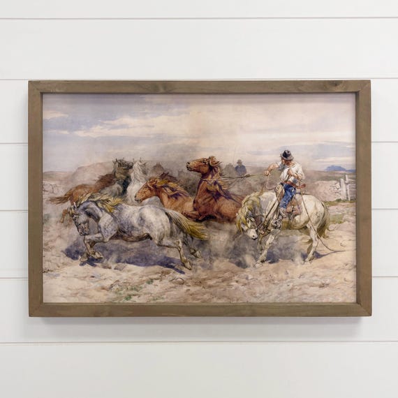 Western Wall Decor Roping Cowboy Painting Canvas Art Wood Framed