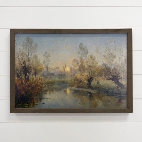 Evening Pond Landscape Canvas Art Wood Framed Wall Decor Wooden Sign