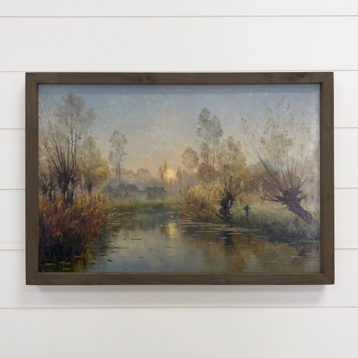 Evening Pond Willow Trees Golden Sunset Vintage Landscape Art Poster