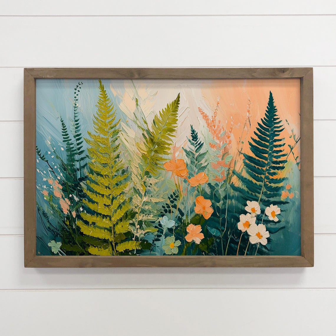 Teal and Peach Botanical Ferns Flowers Impasto Painting Poster