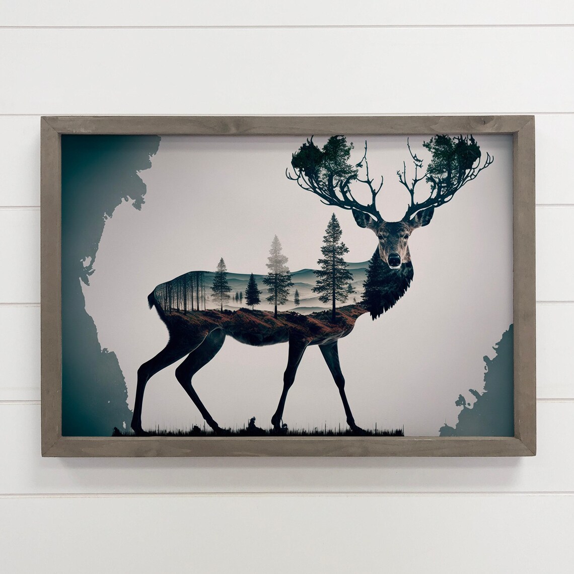 Framed Canvas Of Elk Double Exposure Wildlife Art Wood