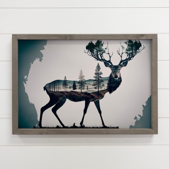 Framed Canvas Of Elk Double Exposure Wildlife Art Wood