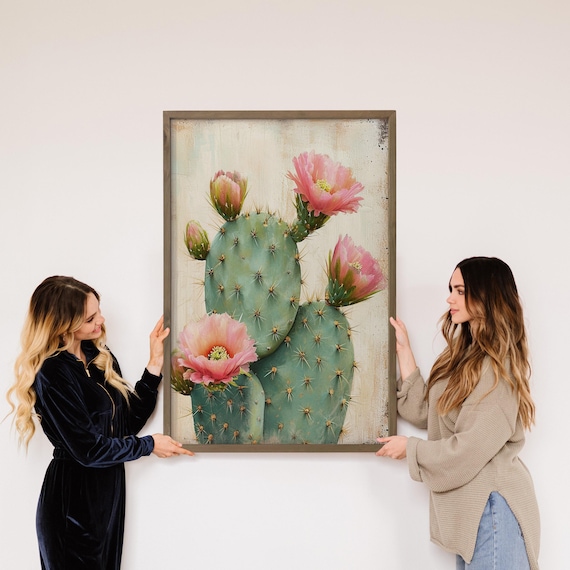 Pink Flowering Prickly Pear Cactus Botanical Desert Art Poster