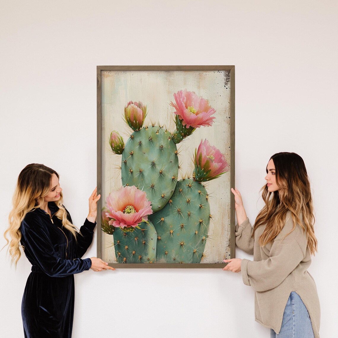 Pink Flowering Prickly Pear Cactus Botanical Desert Art Poster