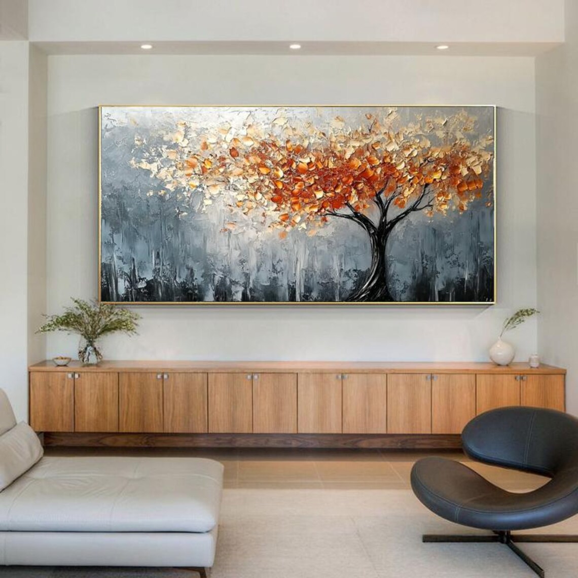 Autumn Tree Of Life Orange Leaves On Grey Forest Painting Poster - Image 3