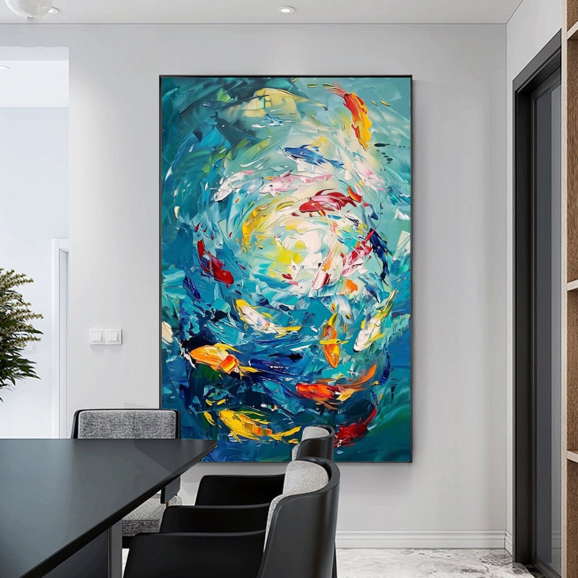 Vibrant Colorful Koi Fish Swirling in Deep Teal Water Art Poster - Image 4
