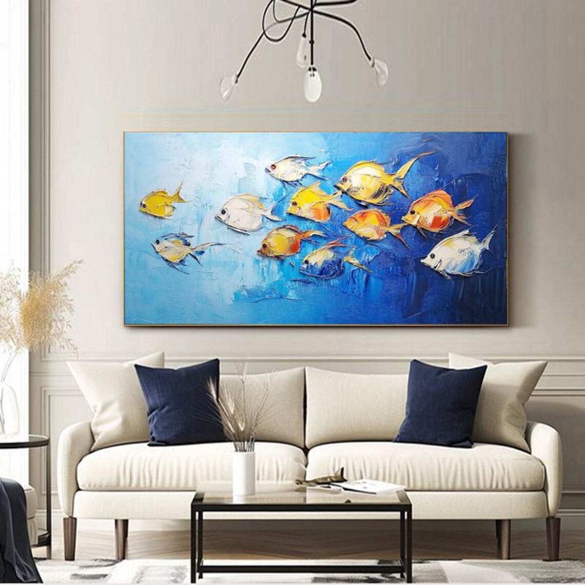Lively School of Yellow and White Fish in Blue Ocean Art Poster - Image 2