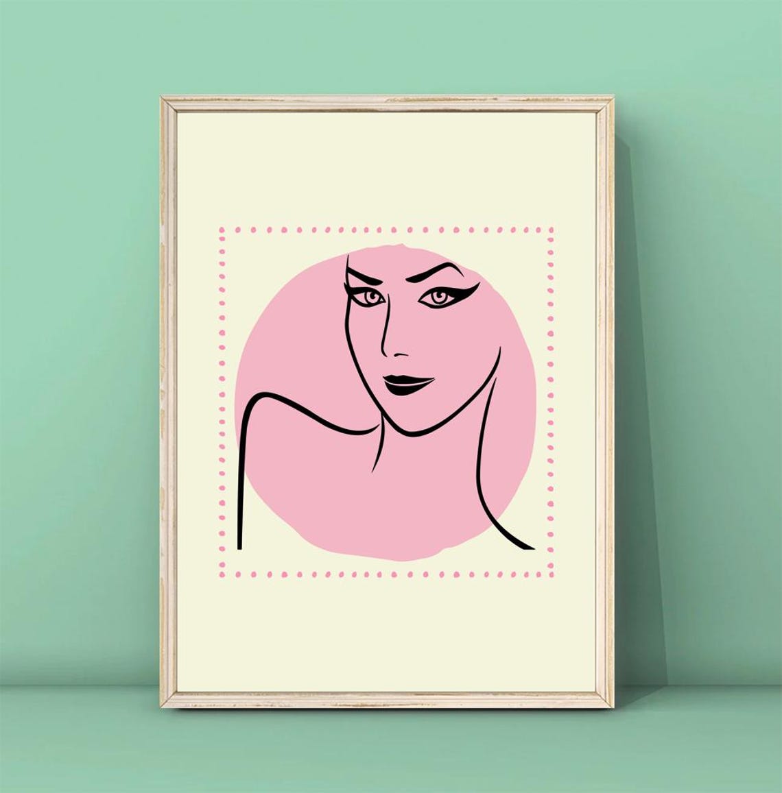 Bold Pink Boho Woman Face Line Artwork with Dark Lips Wall Print