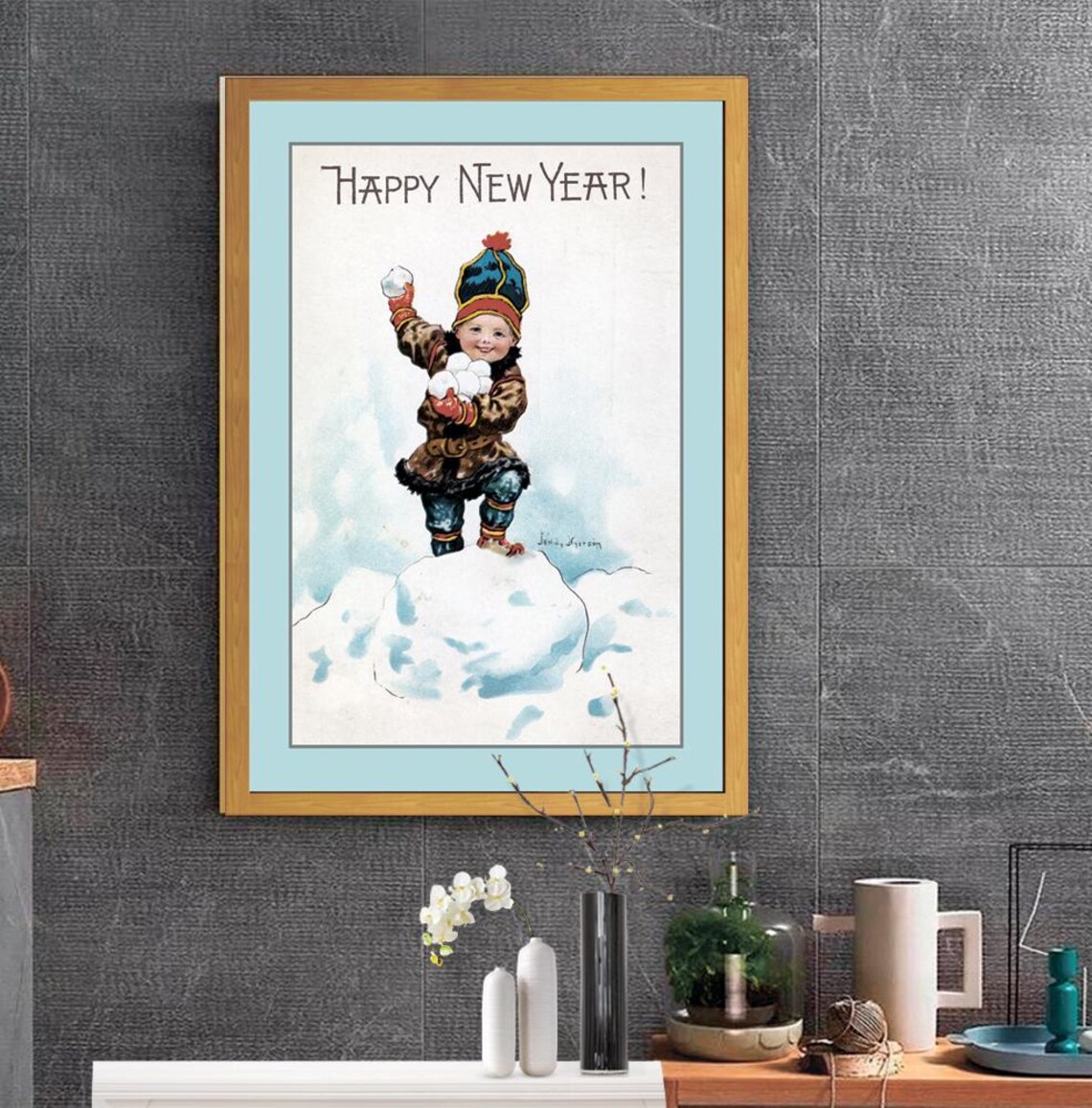Happy New Year Vintage Eskimo Child Snowball Winter Art Poster