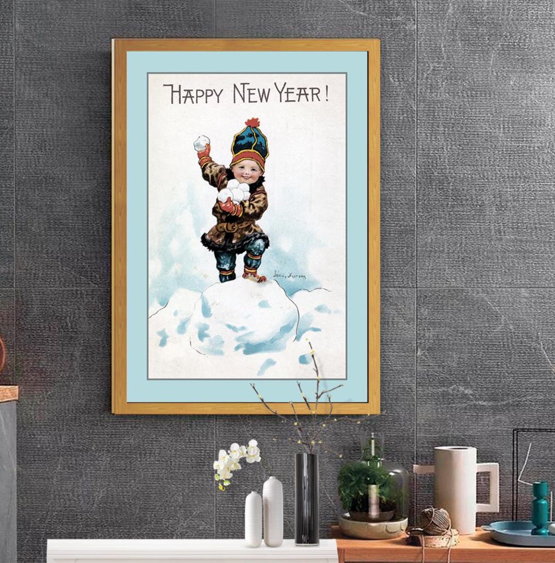 Vintage Happy New Year Print New Year Cards 1910 Snowballs In Art Children In Art Christmas Wall Art Christmas Gift For Kid