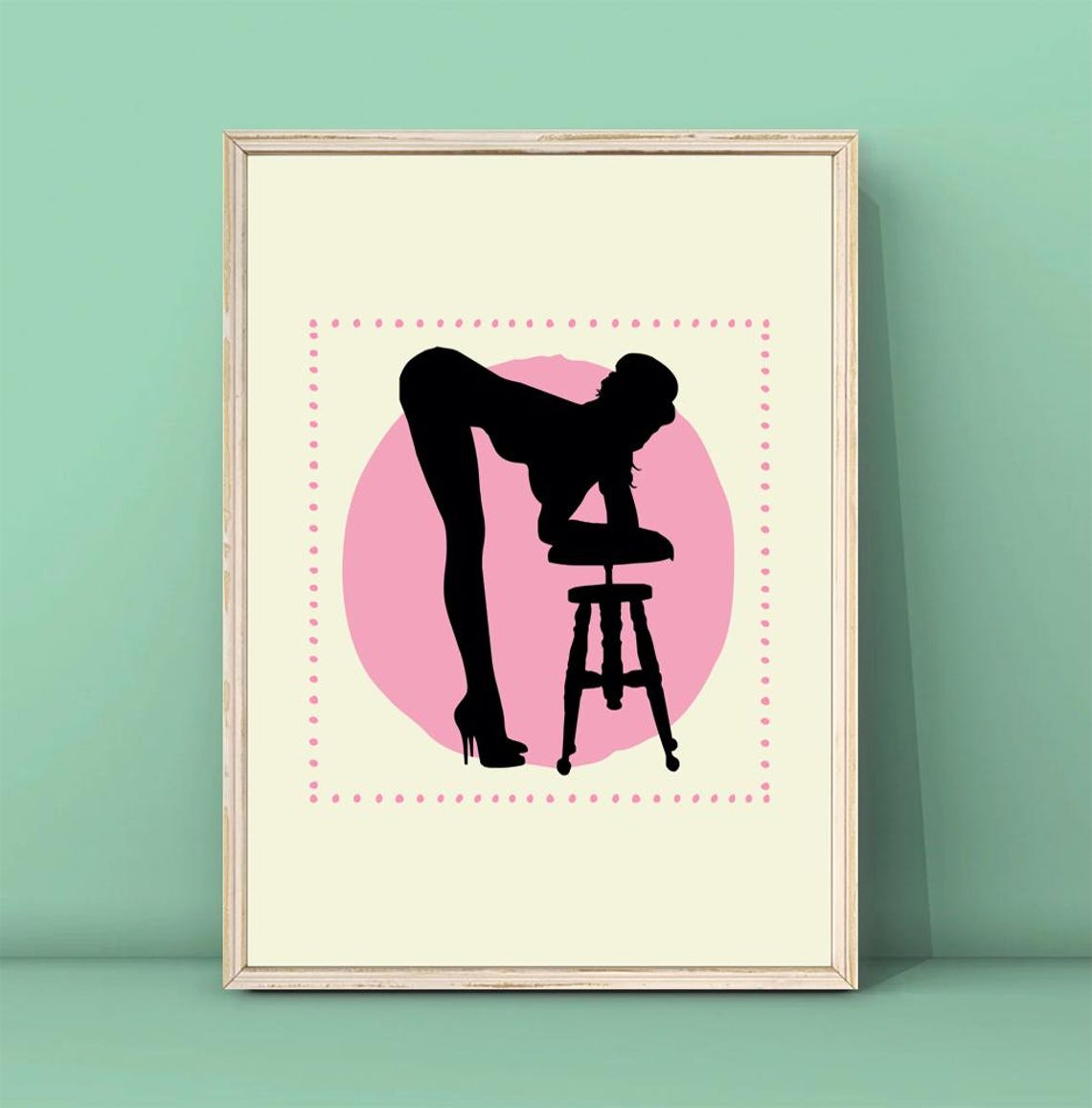 Woman Silhouette Bending Over Stool Pink Boho Art Decor Poster