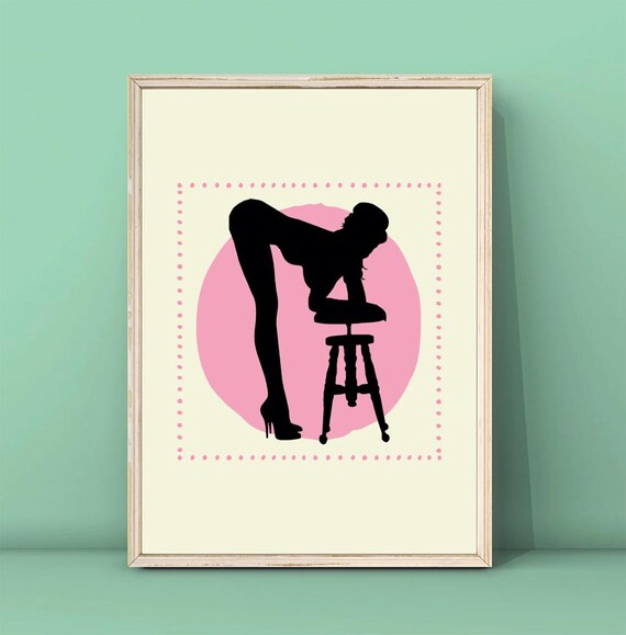 Woman Silhouette Bending Over Stool Pink Boho Art Decor Poster