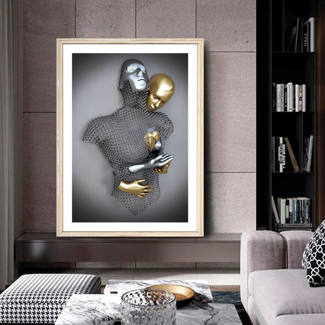 Metallic Embracing Couple Golden Heart Romantic 3D Art Poster