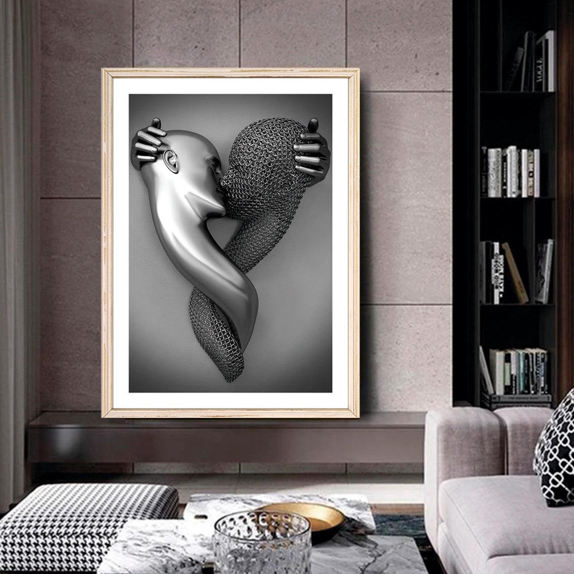Romantic Monochrome Silver Kiss Sculpture Embrace Surreal Art Poster - Image 2