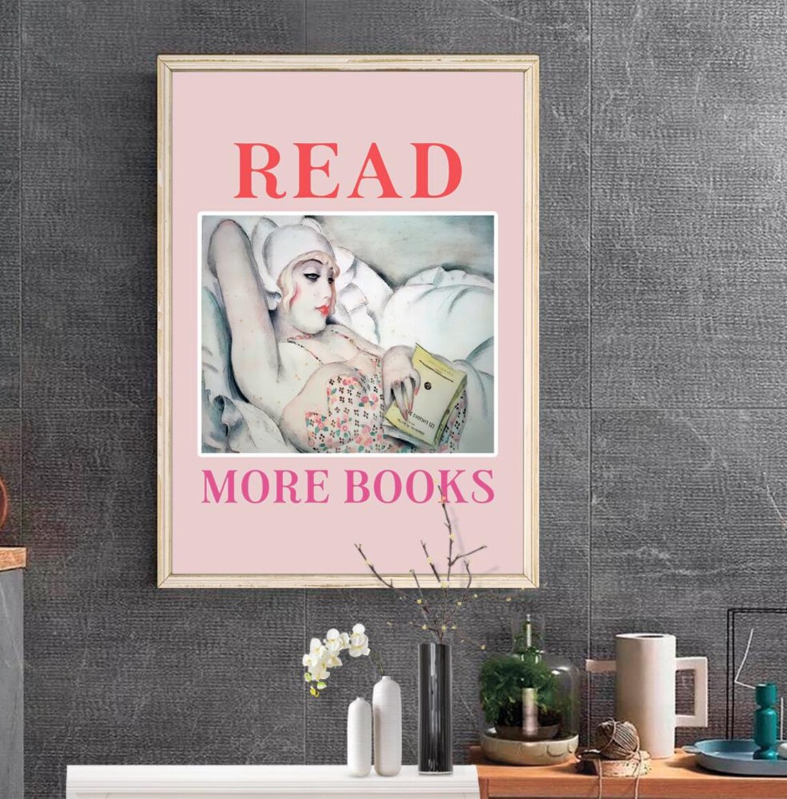 Read More Books Pink Vintage Woman Reading in Bed Quote Print - Image 2