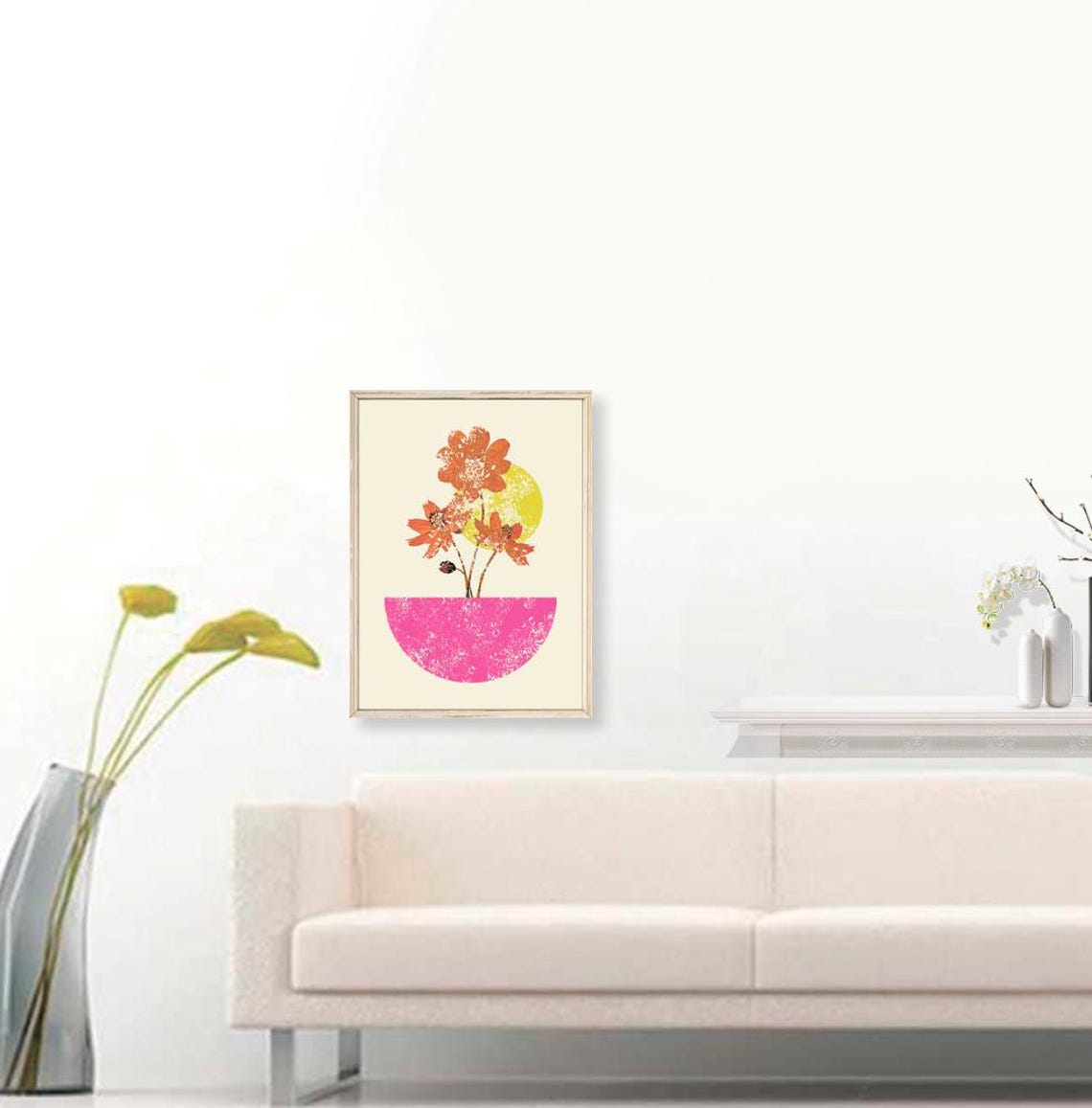 Boho Orange Cosmos Flowers Pink Half Moon Vase Modern Art Poster - Image 3