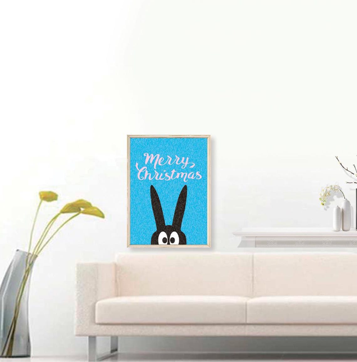 Merry Christmas Pink Script Blue Background Funny Bunny Holiday Poster - Image 3