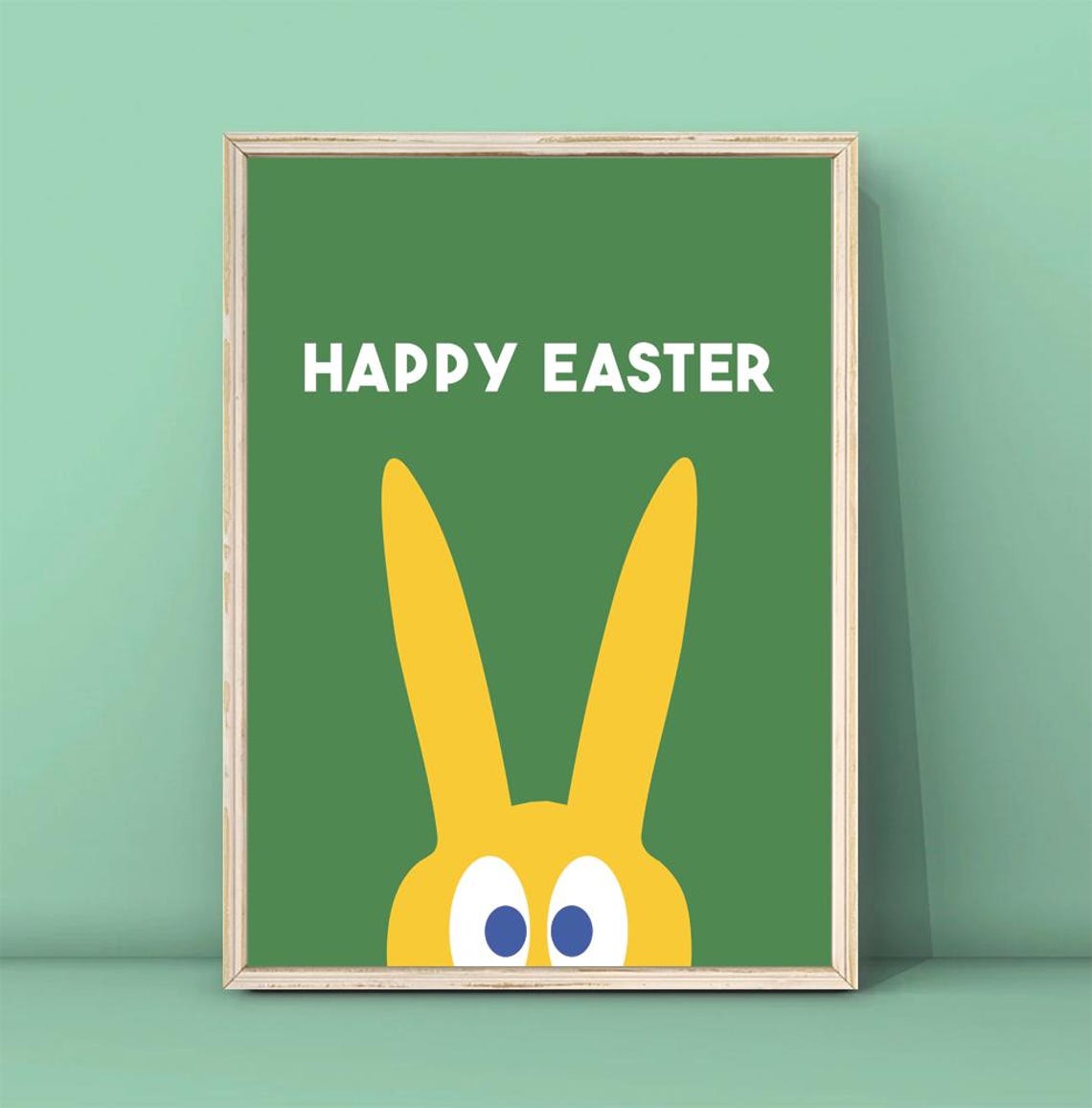 Happy Easter Yellow Bunny Green Background Playful Kids Decor Poster