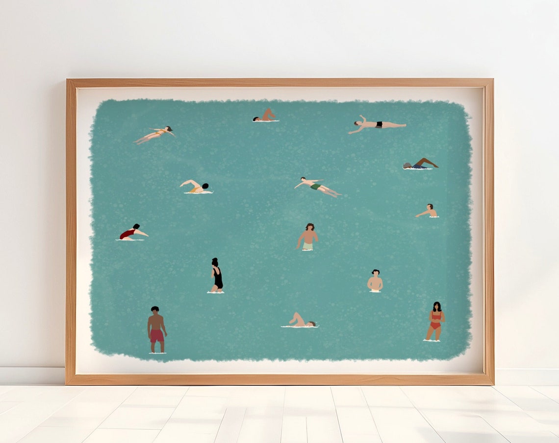 Crowded Pool Party Tiny Swimmers Teal Water Summer Scene Art Poster