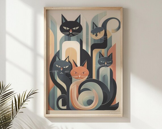 Modern Art Deco Cats Geometric Black And Peach Elegant Art Print