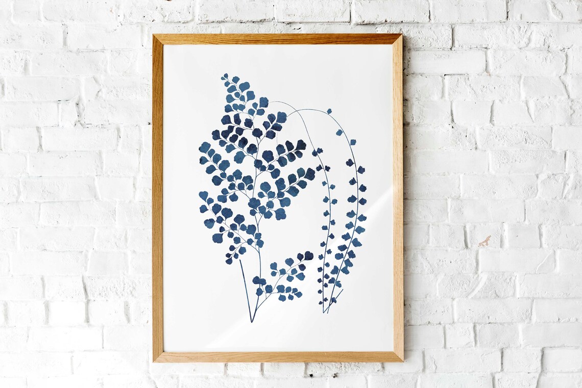 Indigo Blue Fern Maidenhair Fronds Minimalist Botanical Poster