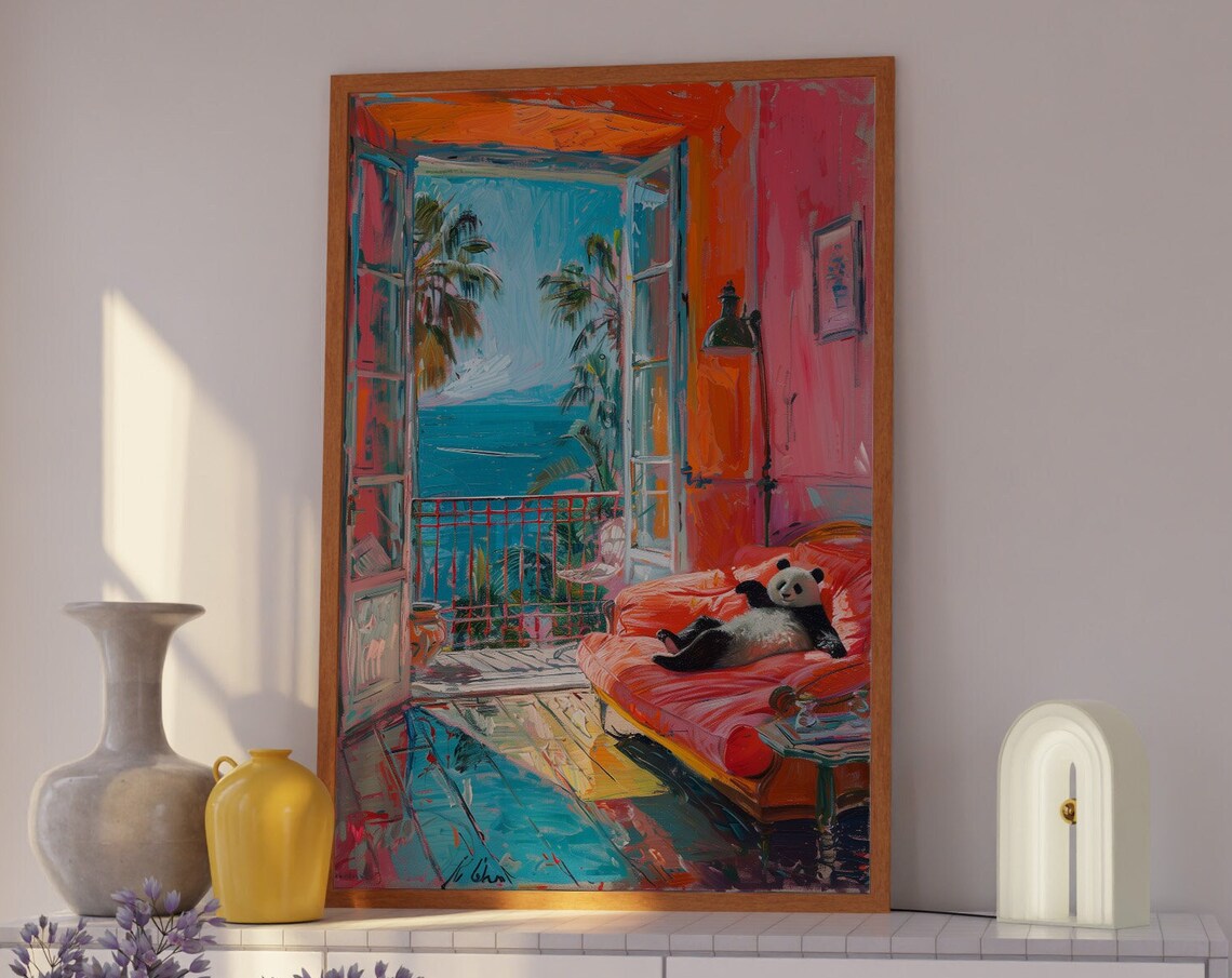 Lounging Panda On Balcony Sofa Poster In Fauvist Seaside View - Image 8