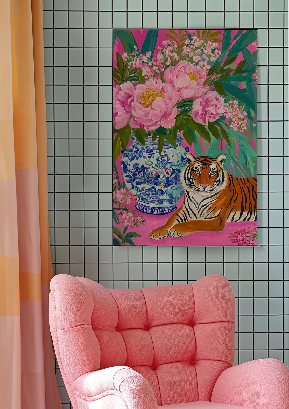 Chinoiserie Tiger with Peonies in Ginger Jar Pink Art Poster