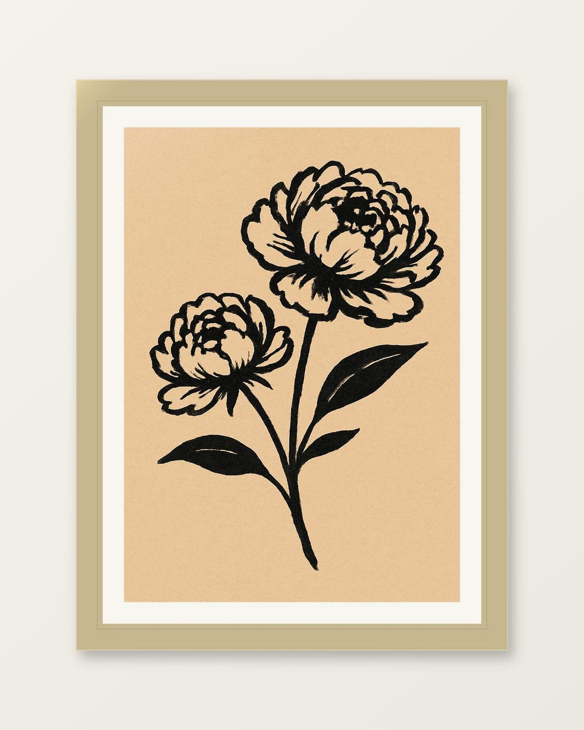 Black Ink Peony Flowers Line Drawing Minimalist Botanical Poster