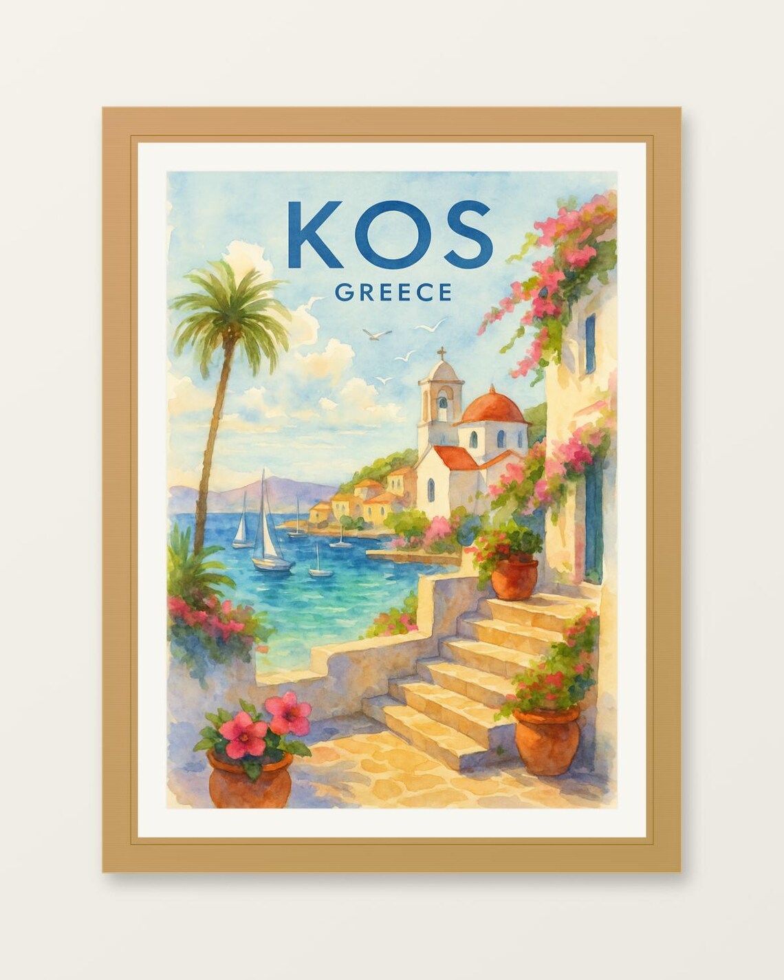 Kos Greece Watercolor Island Harbor Church Sailboats Travel Art Poster