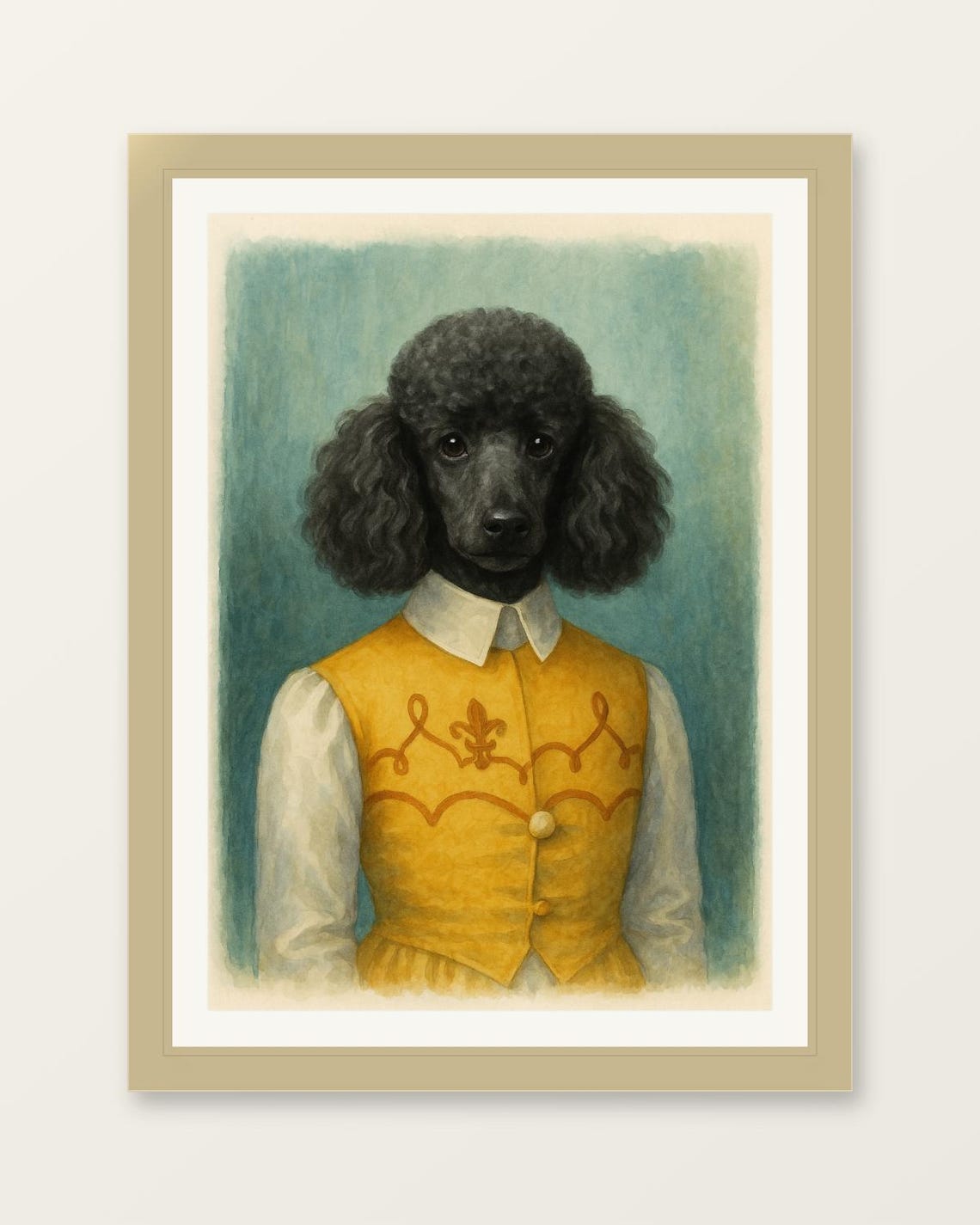 Noble Nuzzles Black Poodle Golden Vest Regal Dog Portrait Print