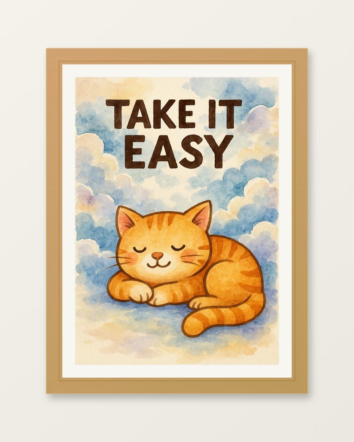 Take It Easy Sleeping Cat Watercolor Motivational Quote Poster