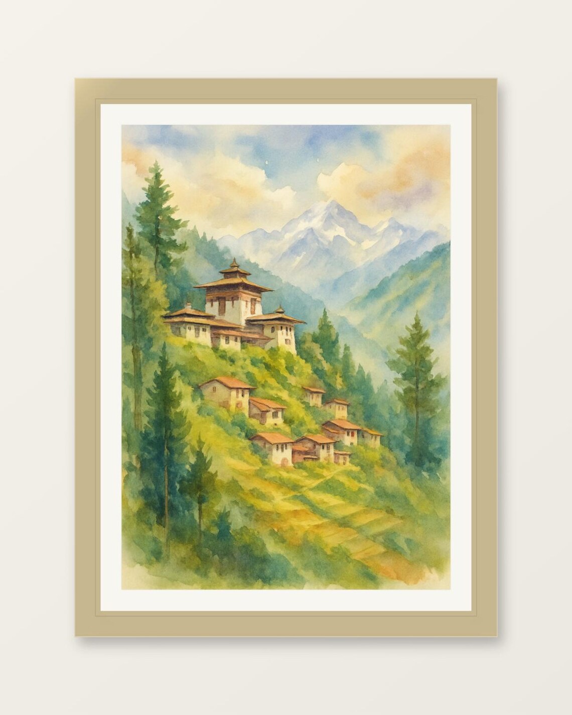 Bhutan Mountain Village Temple Watercolor Himalayan Landscape Poster