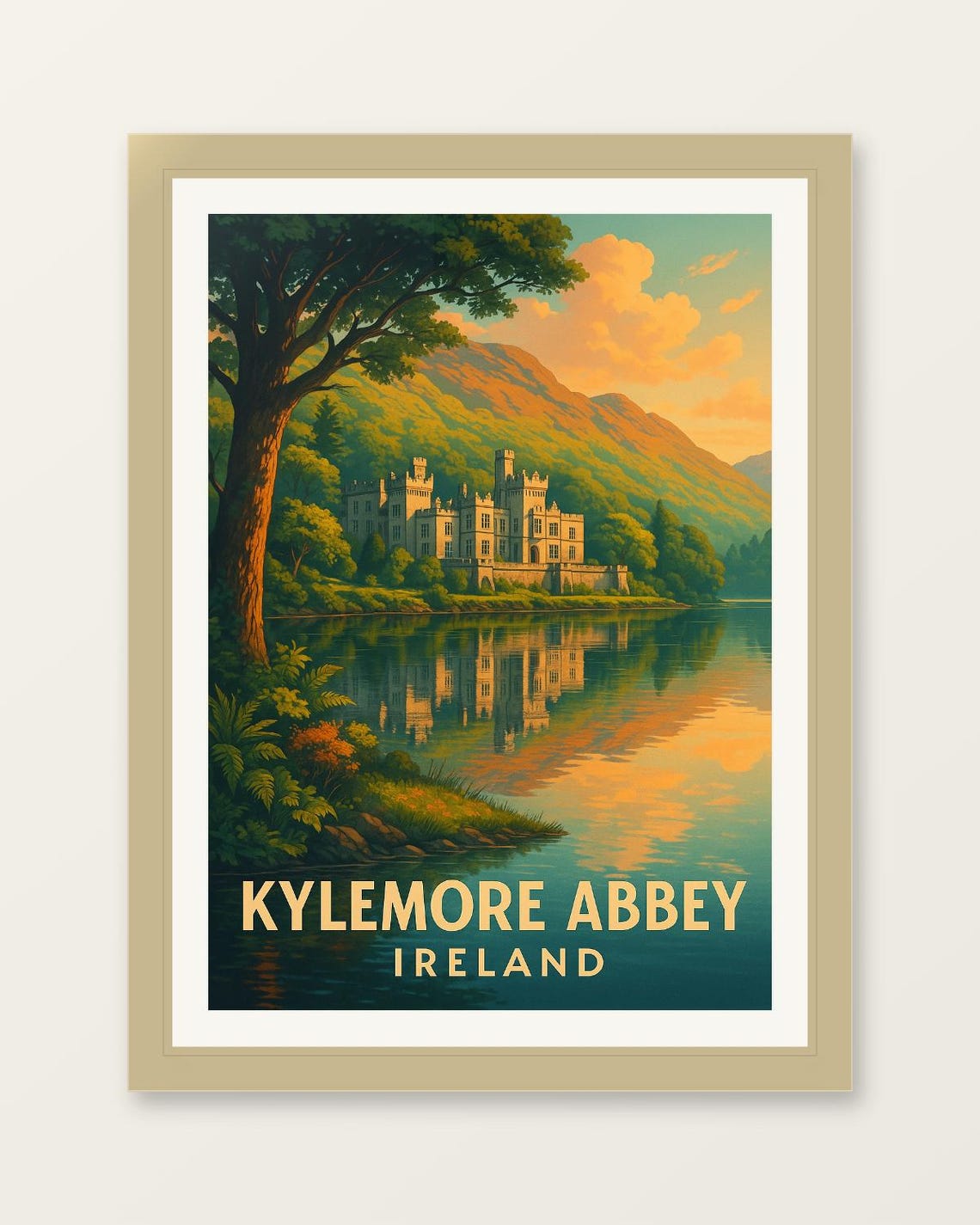 Kylemore Abbey Ireland Lakeside Reflection Golden Hour Travel Poster