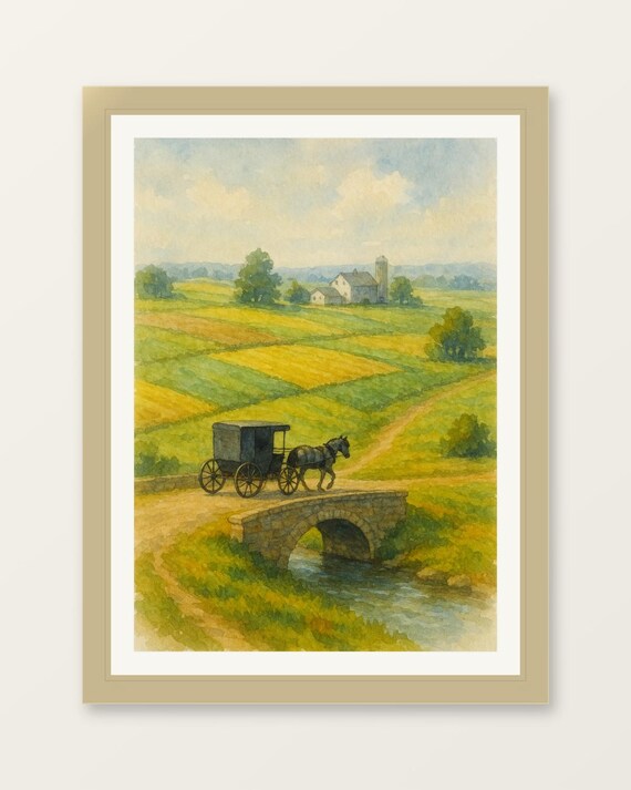 Horse Drawn Buggy Stone Bridge Farm Fields Countryside Art Poster