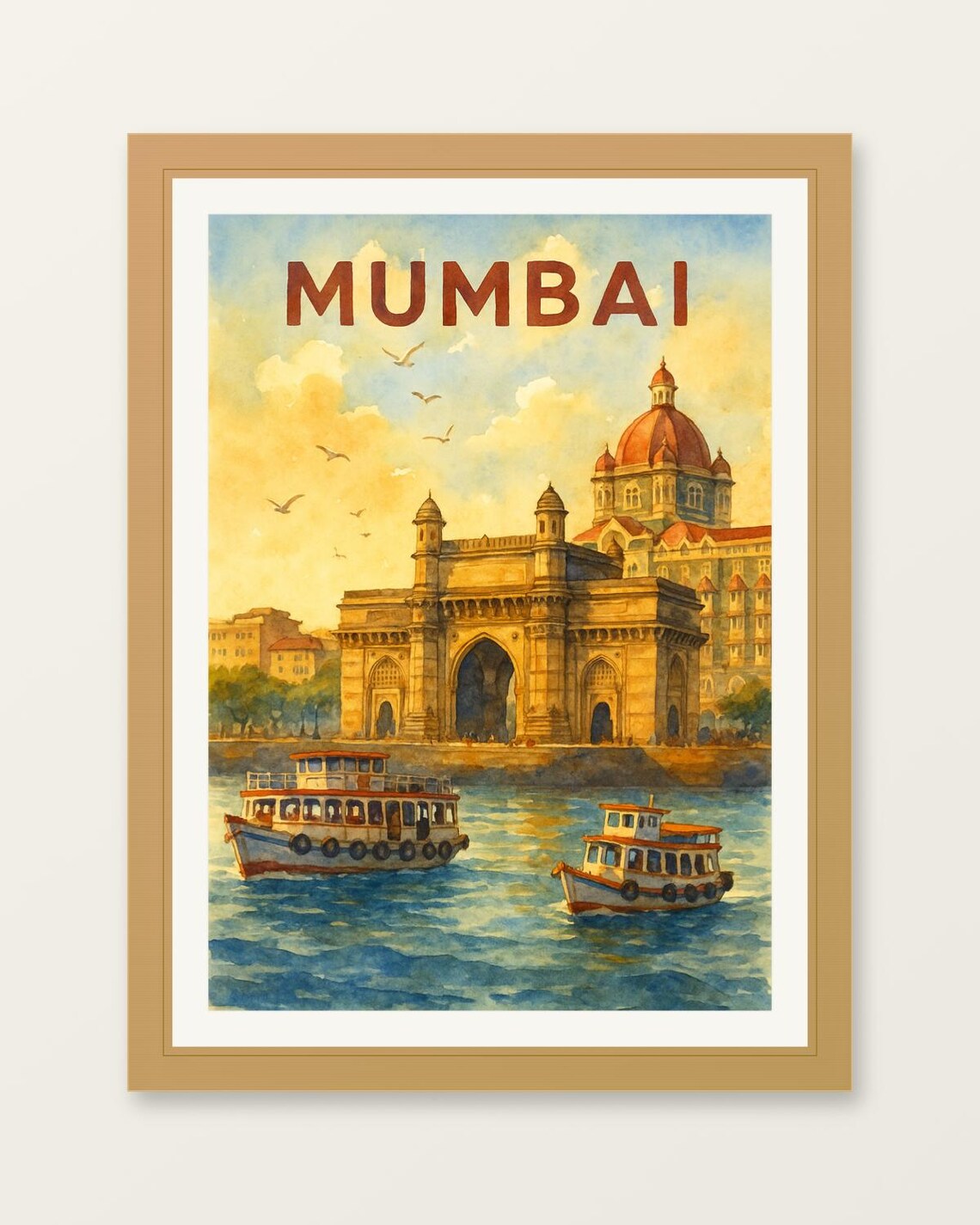Mumbai Gateway of India Monument Harbor Boats Vintage Travel Poster