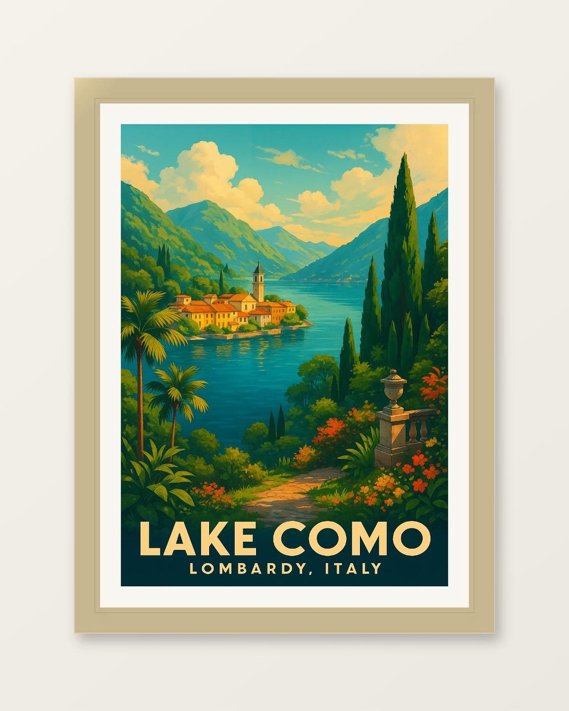 Lake Como Lombardy Italy Lakeside Village Cypress Trees Travel Poster
