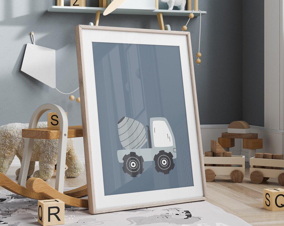 Blue Cement Mixer Truck Construction Poster For Toddler Bedrooms - Image 5