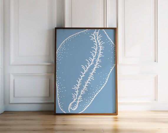 Blue Seashell White Line Illustration Coastal Ocean Art Poster