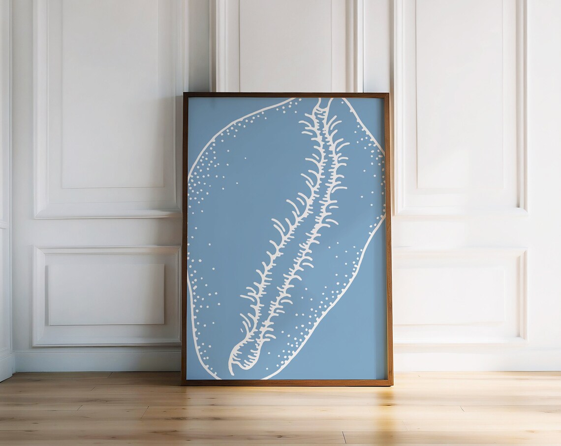 Blue Seashell White Line Illustration Coastal Ocean Art Poster