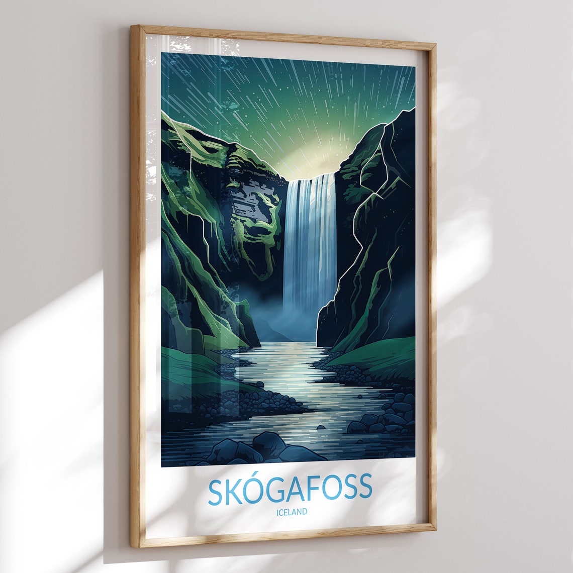 Skogafoss Iceland Night Aurora Waterfall Gorge Travel Poster