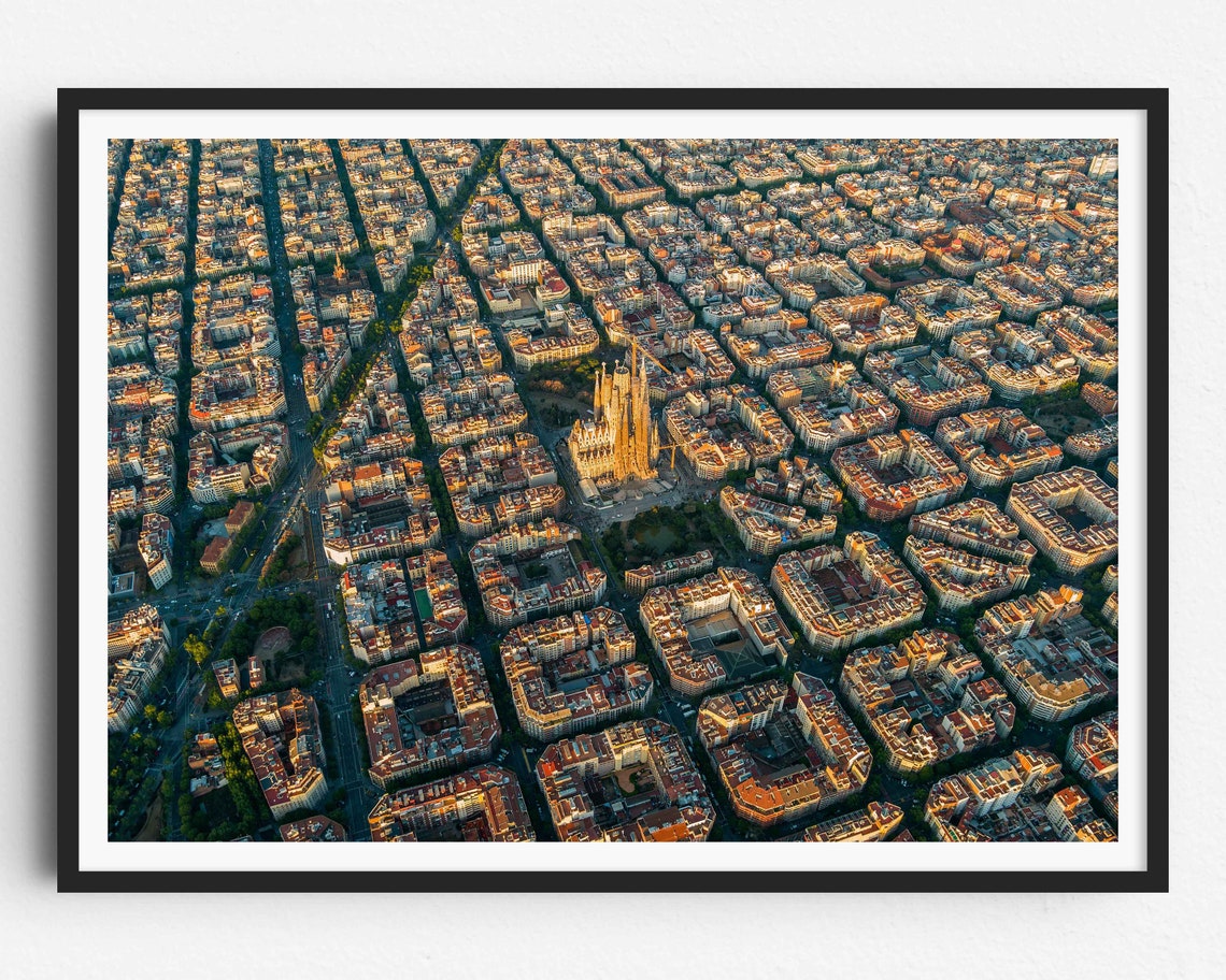 Barcelona Eixample Grid Sagrada Familia Aerial Golden Poster